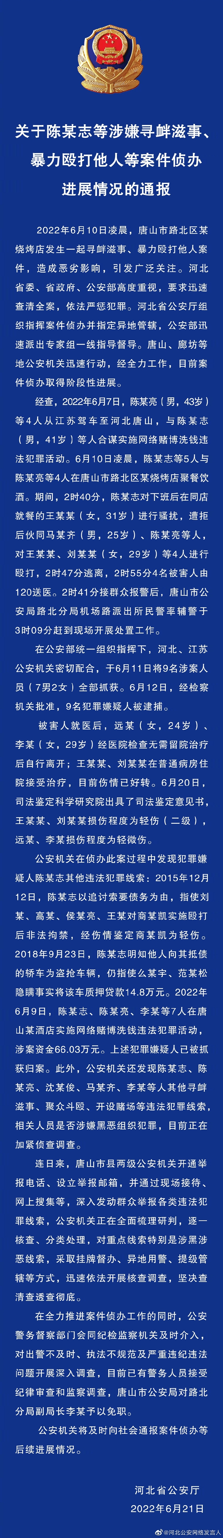 關(guān)于陳某志等涉嫌尋釁滋事、暴力毆打他人等案件偵辦進展情況的通報