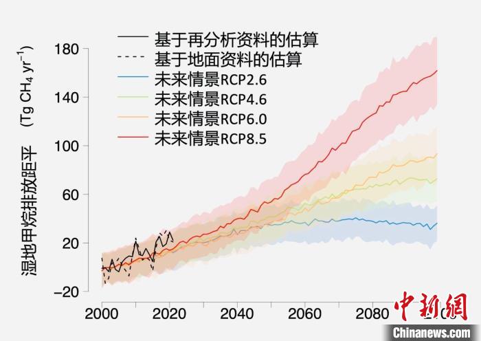 基于觀測的濕地甲烷排放變化與未來氣候變化情景下估算的對比?！≈锌圃呵嗖馗咴?供圖