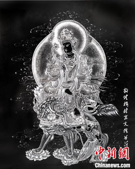 圖為朱增平創(chuàng)作的鍥金畫(huà)《敦煌榆林窟文殊菩薩》。(資料圖) 受訪者供圖