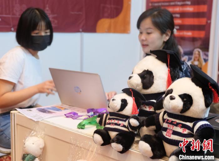 北京理工大學帶來可愛熊貓玩偶，頗為吸睛 陳悅 攝