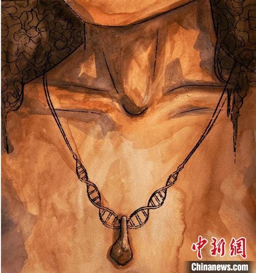 墜飾藝術再現(xiàn)圖，圖中吊墜繩為DNA螺旋樣式(圖片作者Myrthe Lucas)?！∈┢樟指瘛ぷ匀?供圖