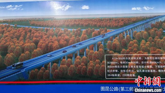 大橋穿越近3000米的原始胡楊林保護區(qū)。圖為工程效果圖?！∈酚窠?攝