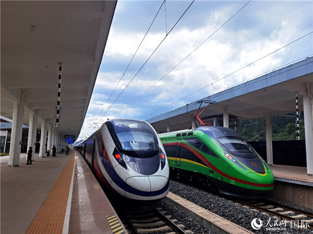 “復(fù)興號”和“瀾滄號”國際旅客列車?？吭诶蠐肽ザ≌尽Ｈ嗣窬W(wǎng) 杜明明攝