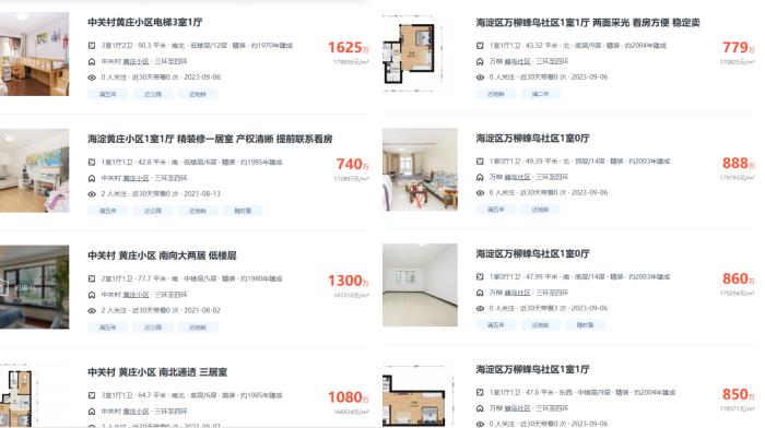 北京市海淀區(qū)部分高單價(jià)二手房源截圖。
