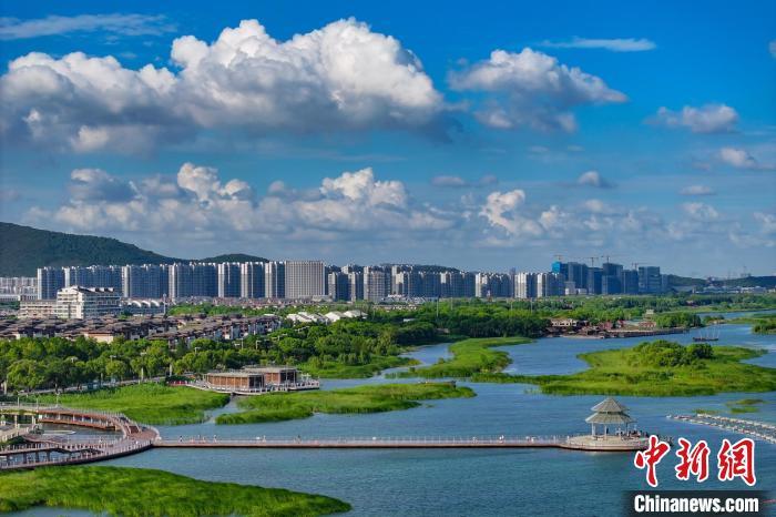 資料圖：航拍蘇州太湖湖濱國家濕地公園，藍天碧水生態(tài)美。 泱波 攝