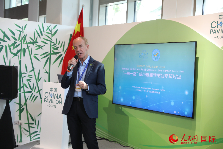 綠色聯(lián)盟聯(lián)合主席、世界自然基金會國際特使蘭博蒂尼在“一帶一路”綠色低碳轉(zhuǎn)型合作研討會上發(fā)言。人民網(wǎng)記者 張志文攝