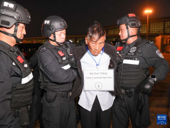 1月30日，在緬甸內(nèi)比都國際機場，緬甸警方依法向我公安機關(guān)移交緬北重大犯罪嫌疑人白所成。新華社記者 殷剛 攝