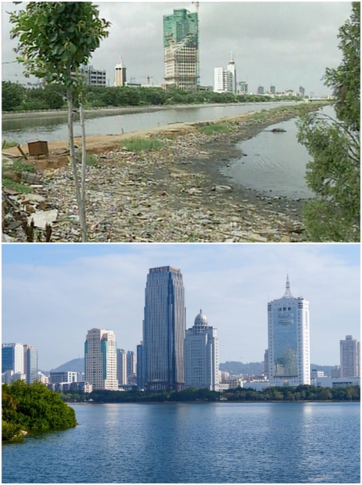 上圖：筼筜湖治理前資料圖。下圖：筼筜湖如今的美麗風光。人民網(wǎng)記者 吳超嵐攝