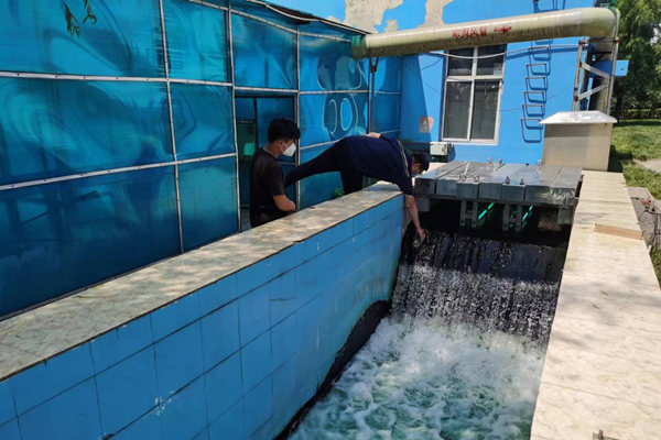 邯鄲市雞澤縣藍天污水處理廠員工正在出水口進行水質(zhì)檢測。鄭佳欣攝