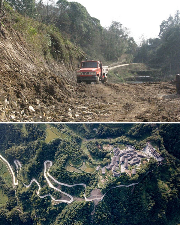拼版照片：上圖為2011年12月拍攝的湖南省湘西土家族苗族自治州花垣縣十八洞村進(jìn)村道路；下圖為2019年9月拍攝的十八洞村及進(jìn)村道路。