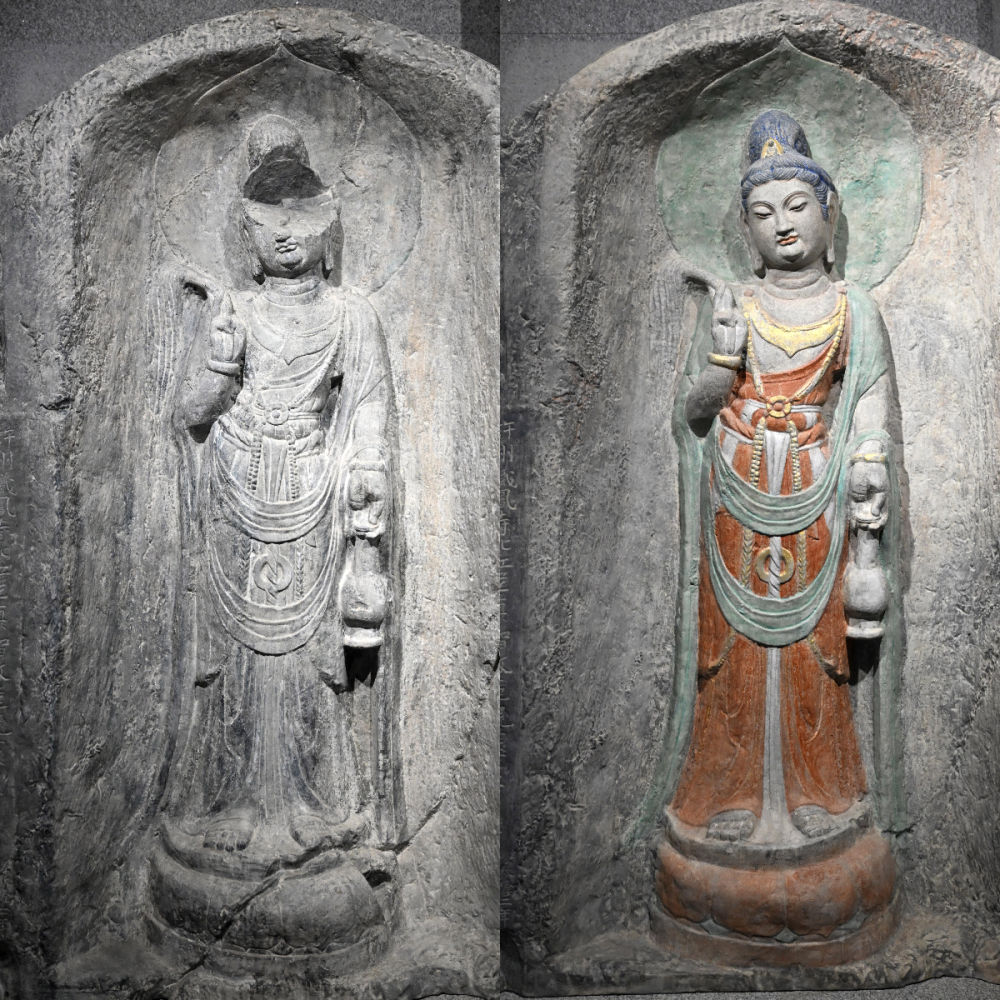 左圖為龍門石窟萬佛洞窟前南壁菩薩造像的3D打印模型；右圖為利用數(shù)字化技術(shù)復(fù)原后的3D打印模型（2025年4月10日攝，拼版照片）。復(fù)原后的像龕精妙絕倫，栩栩如生，被游客譽(yù)為“龍門最美菩薩”。圖片來源新華社