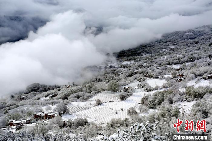 雪后的丹巴半山云霧繚繞?！±钣腊?攝