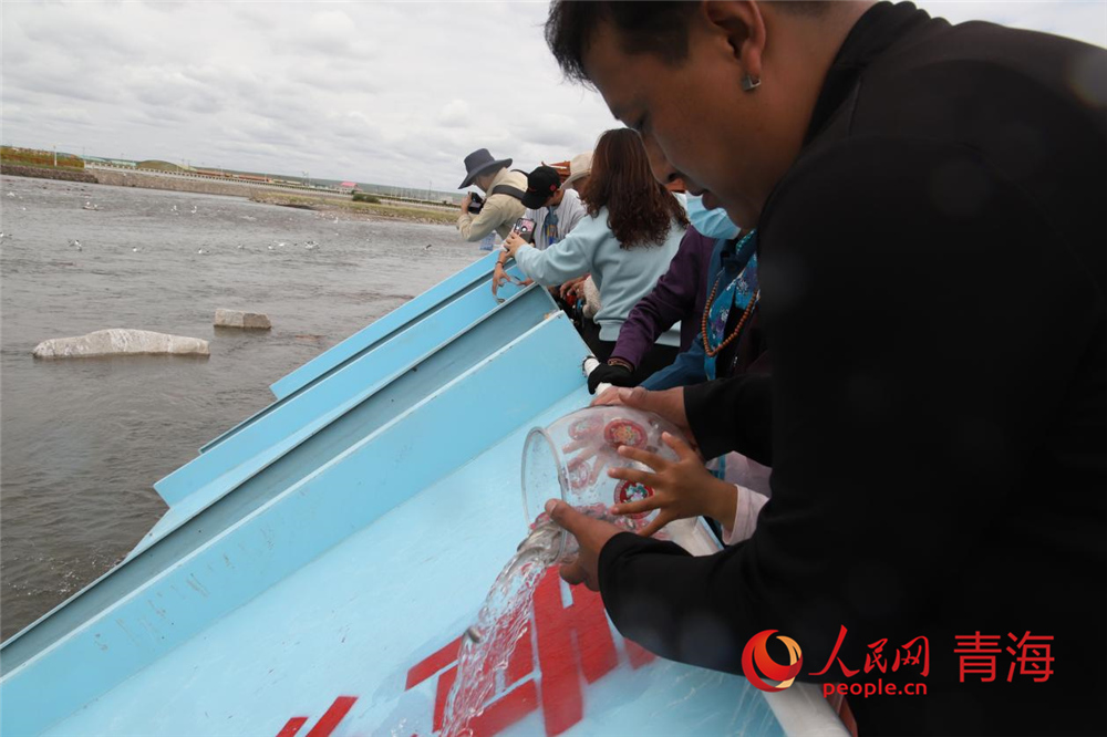 群眾放流青海湖裸鯉。人民網(wǎng) 陳明菊攝