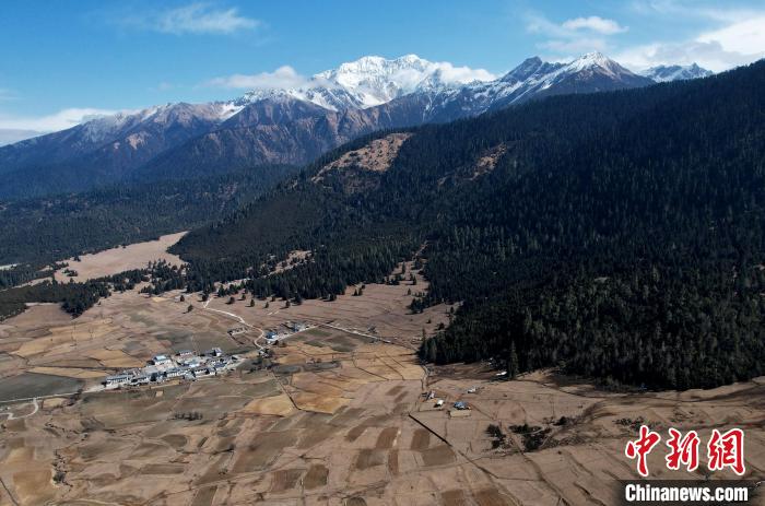 2月17日，西藏林芝魯朗小鎮(zhèn)周邊雪山與牧場。(無人機照片) 李林 攝